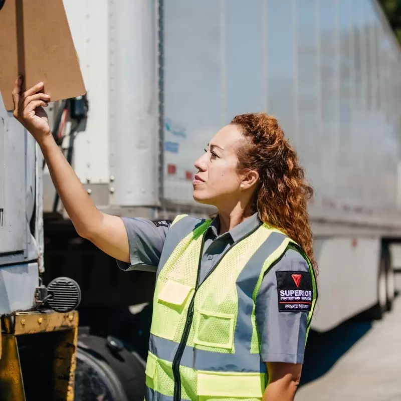 A female Superior Protection Services guard holding a clipboard, representing the company’s commitment to hiring skilled security personnel for a variety of industries.