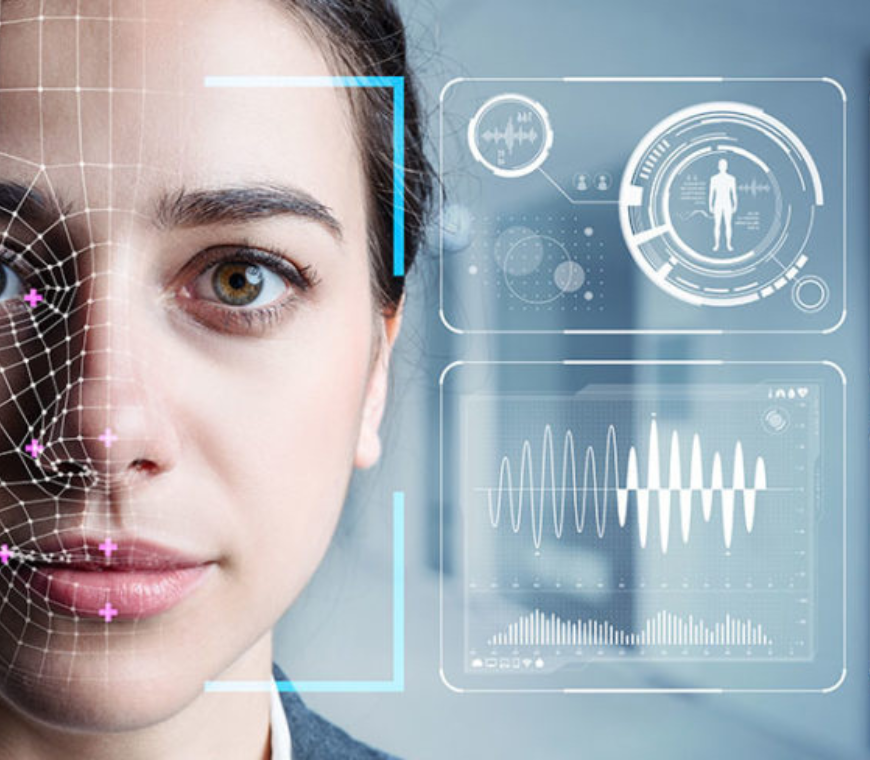 A face of a woman being analyzed by an artificial intelligence software.