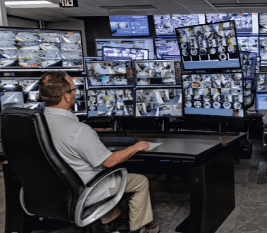 A person sitting in a black office chair in front of a large bank of monitors displaying various security camera footage in a security control room.